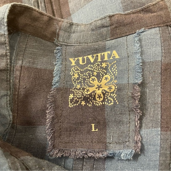 Yuvita Linen Shirt Dress Size L Gingham Roll Tab Sleeves Pintuck Details - Picture 6 of 7